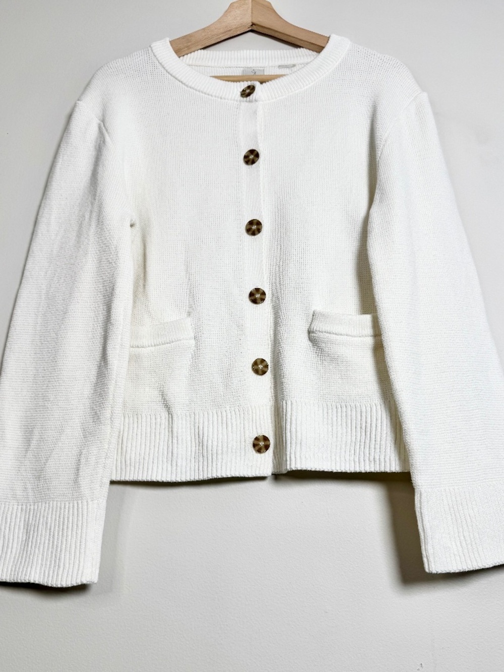 Joie White Cotton Knit Button Front Cardigan Sweater Pockets Sz L